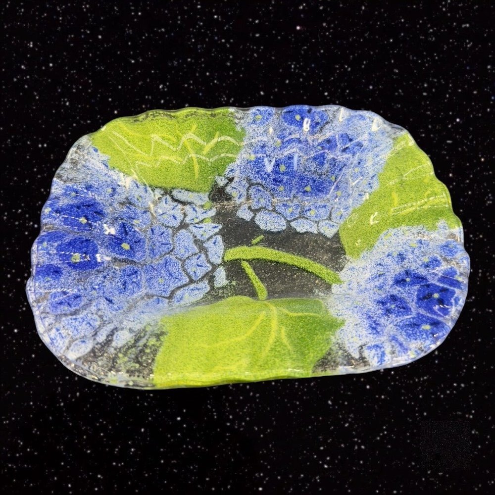 Fused Art Glass Dish Plate Ruffled Edges Blue Flowers Glass Trinket Dish 6”Wide
